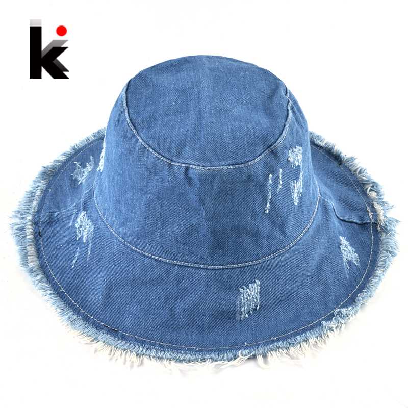 

Summer Washed Denim Sun Hat Women Fashion Tassel Floppy Cap Ladies Wide Brim Beach Bucket Hats Female Cotton foldable Chapeu, Black