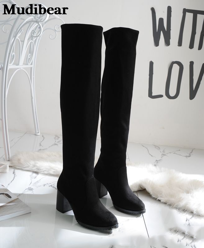 

Mudibear Winter Autumn Women's Shoes 7.5CM High Boots Suede Solid Color Thick Heel Increased Non-Slip Shoes Comfortable Footwear, Black