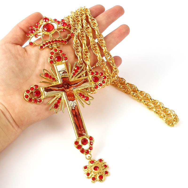 

Hip Hop Cross Orthodox Jesus Crucifix Pendant Necklace Flowers openwork gold Bottom pendant Red rhinestone fine jewelry with box