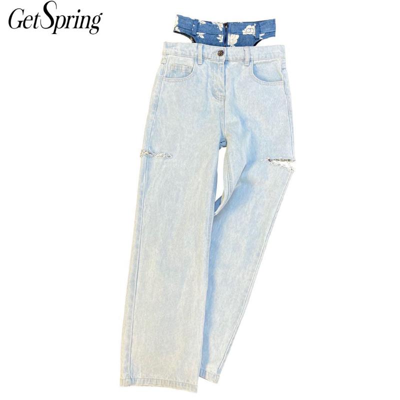 

Getspring Women Jeans Patchwork Hole High Waisted Jeans Irregular Vintage Casual Trousers Women Denim Pants 2020 Fashion, Photo color