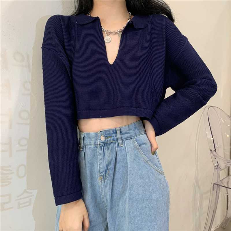 

Real price shooting early autumn new Korean design sense short long sleeve V-neck Knitted Top, White