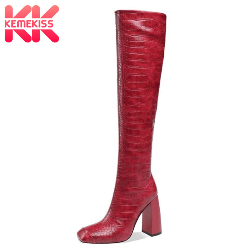 

KemeKiss Women Knee Boots Sexy Thick High Heel Winter Shoes Woman Square Toe Long Boot Fashion Party Lady Footwear Size 34-43, Red
