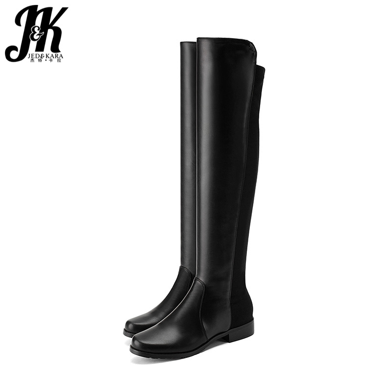 

JK 2020 High Quality Lady Knee High Boot Stretch Woman Riding Boot Low Sqaure Heel Women Shoe Autumn Winter Booty Big Size, Black flock autumn