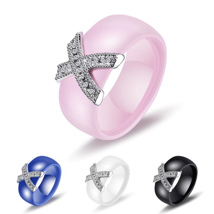 

Fashion Couple Rings by Ceramic & X Charm Lover Rings with Cubic Zirconia Inlaid