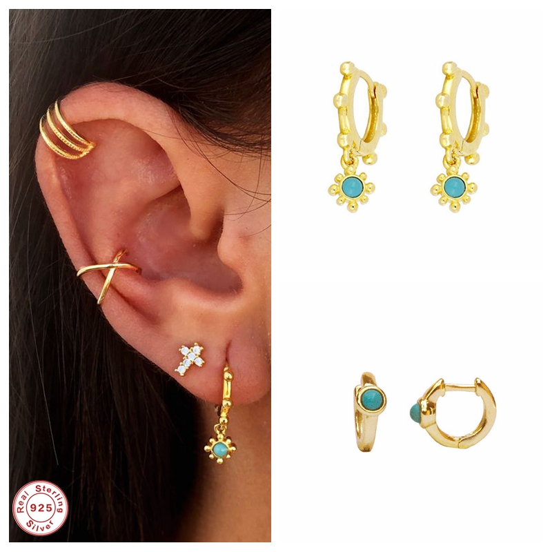 

925 Sterling Silver Jewelry Bling Turquoise INS Hoops Earring Bohemia Fine Earrings For Woman Girls Circle Pendientes Brincos