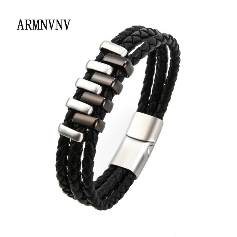 

ARMNVNV Fashion Men Jewelry 3 layers Punk Braided Geunine Leather Bracelet Stainless Steel Bracelets & Bangles pulseras hombre