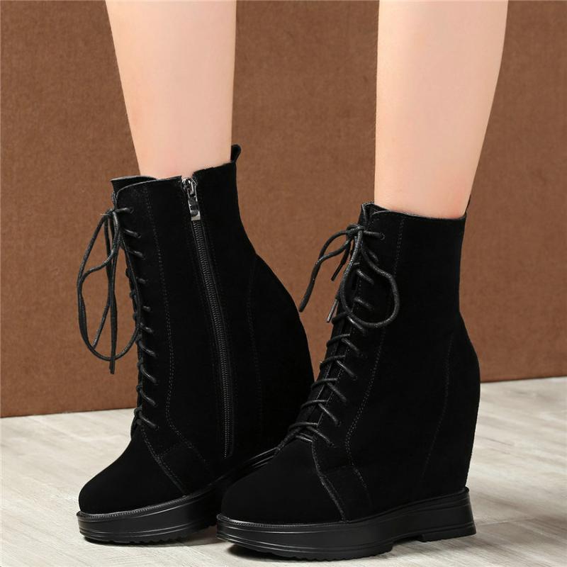 

Winter Punk Fashion Sneakers Women Lace Up Genuine Leather Wedges High Heel Snow Boots Female High Top Warm Platform Pumps Shoes, Black