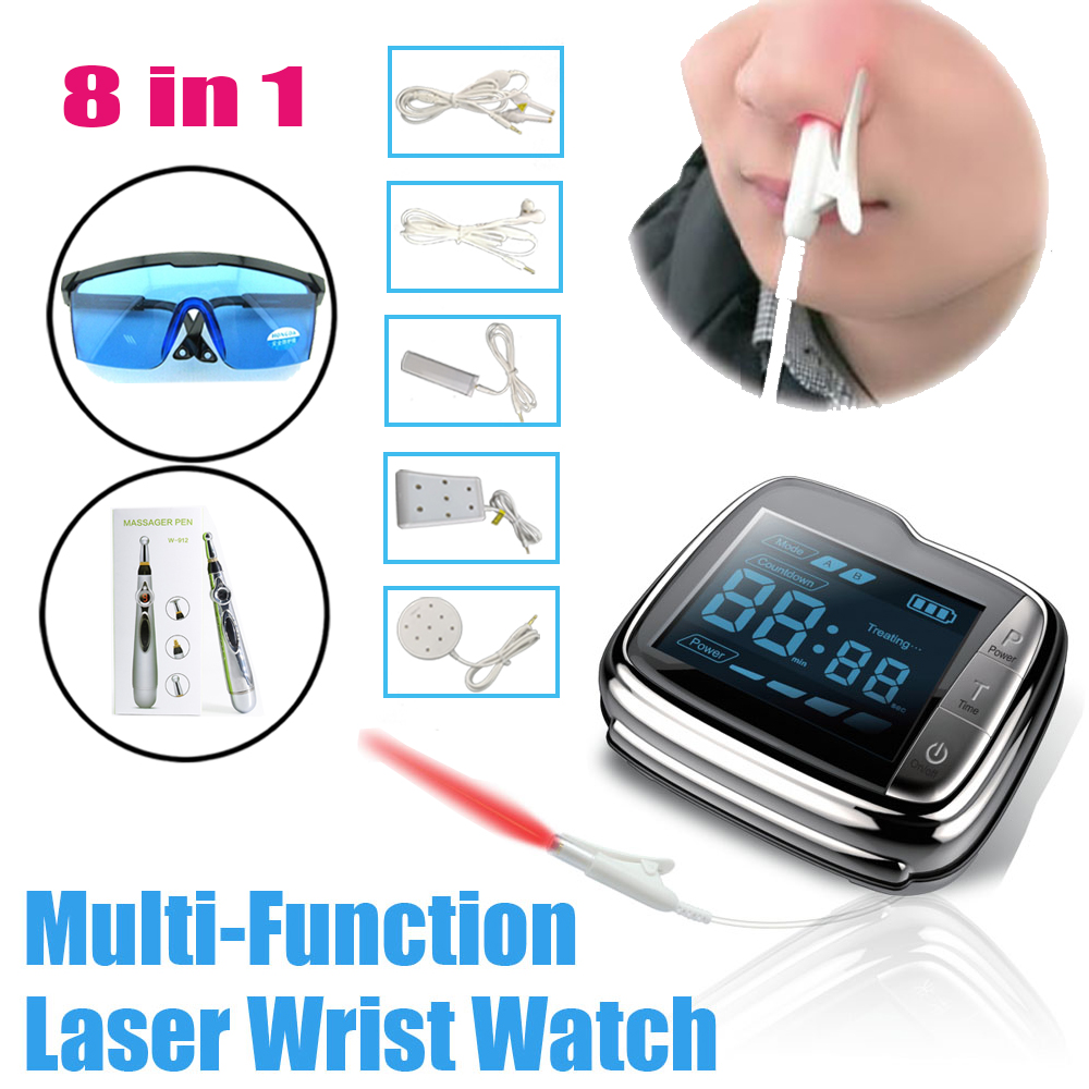 

LASTEK 8 in 1 Family Medical Tools Kit Laser Watch Therapy Device + 5 Kinds Treatment Accessories + 650nm Goggles + Meridian Acupuncture Pen