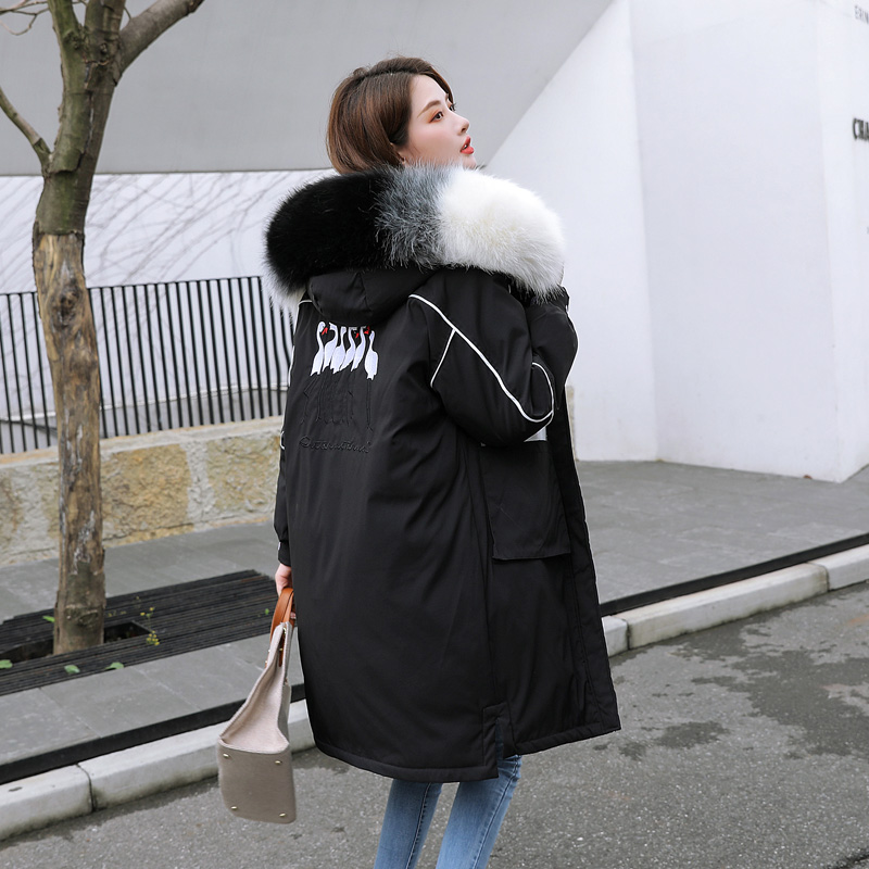 

Plus Size Women Winter Long Jacket Printing Hooded Loose Women's Parkas Thick Fur Collar Korean Style Cotton Female Cold Coat, Beige