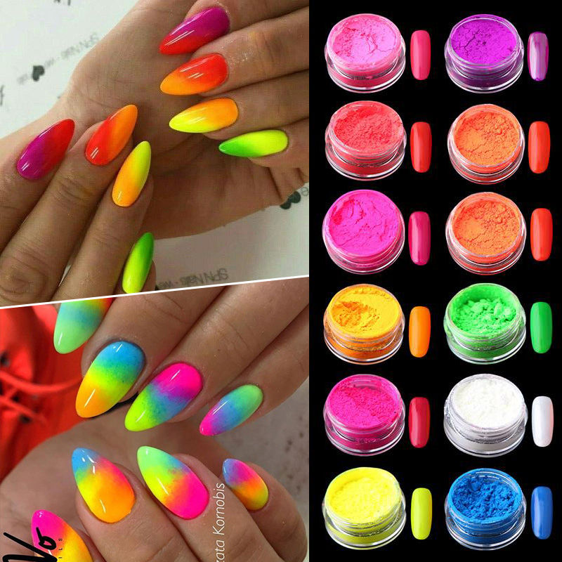 

12 Boxes/Set Neon Fluorenscence Nail Powder Colorful Flakes Glitters Nail Powder Spangle Glitter Chrome DIY Nagel Decoration