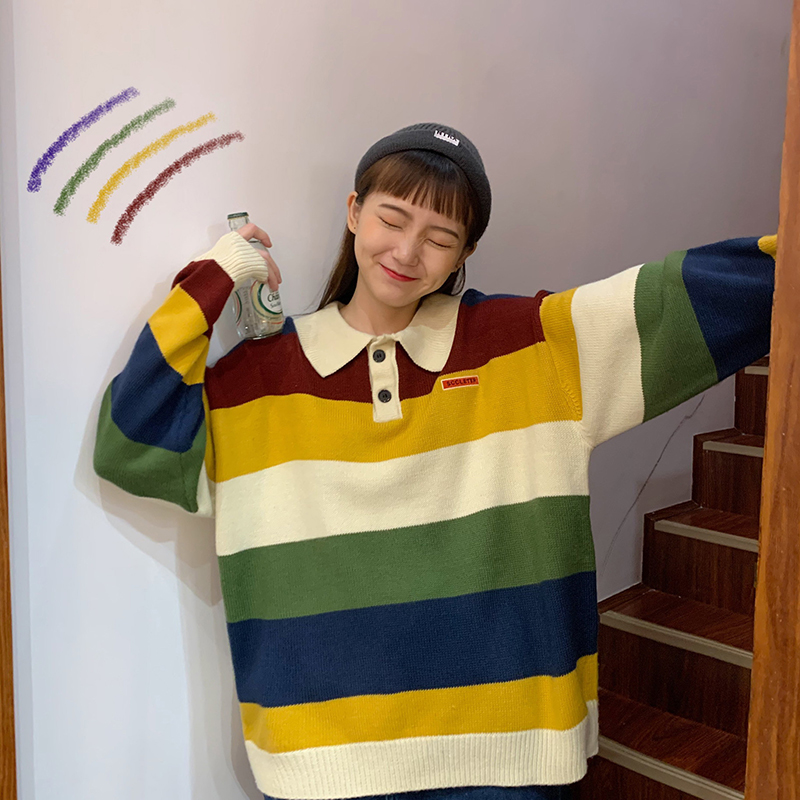 

College style loose contrast color striped embroidery letter collar knitted sweater 2020 autumn personality fashion sweater, Picture color