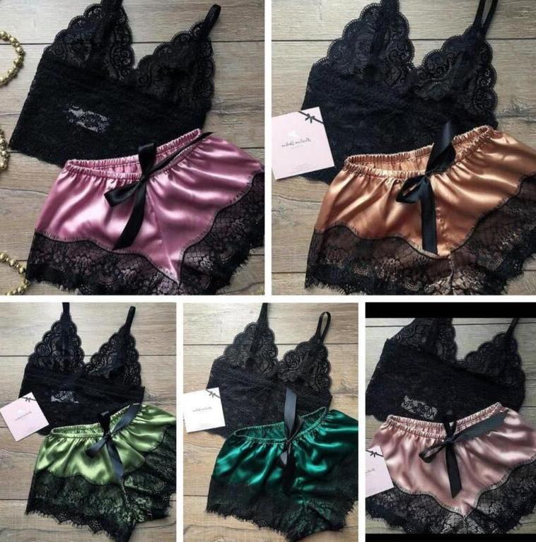 

V Neck Solid Sleepwear Pajamas Silk Pijamas Sleepwear Lace Short Pants Lingerie Hollowed Underwear Nightdress Set, 8styles;please choose