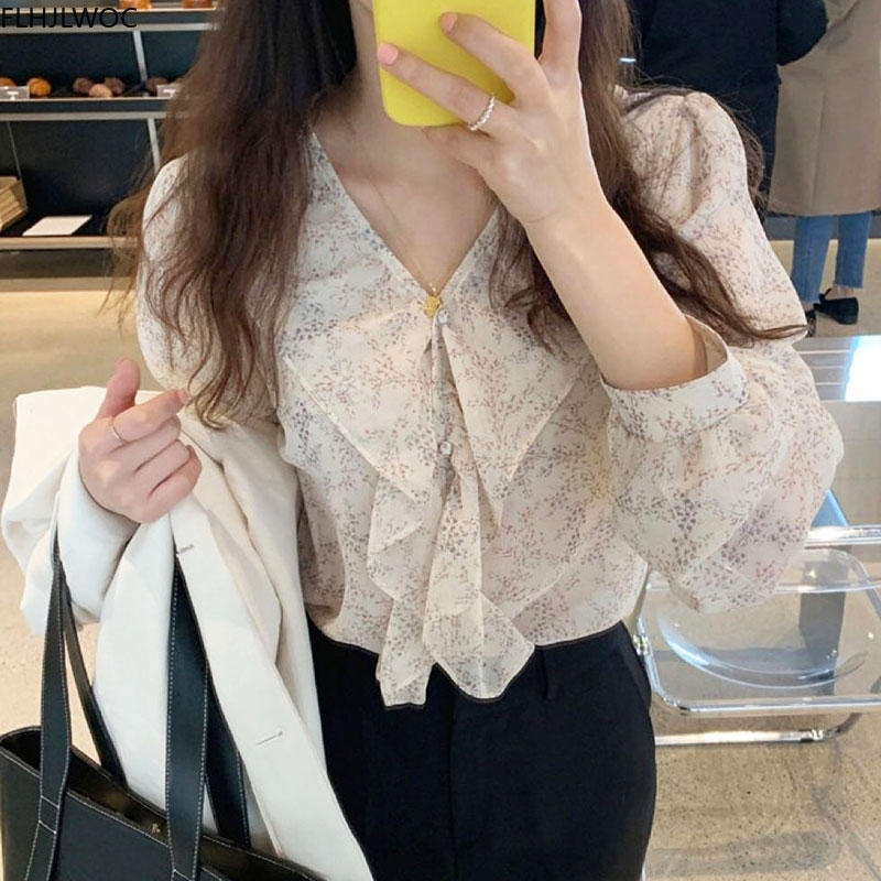 

2020 Fall Autumn Long Sleeve Ruffled Tops Korea Japan Style Purple Floral Printed Vintage Women Top Single Breasted Button Shirt, Beige