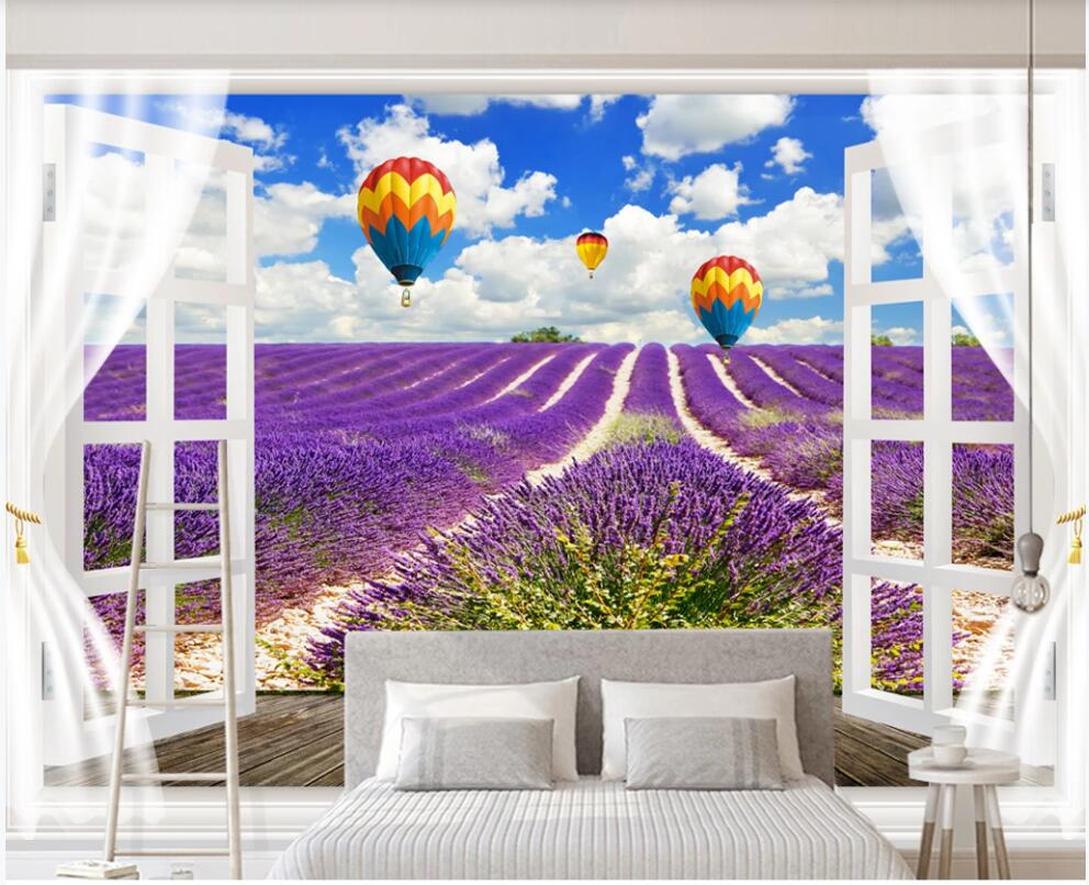 

wall paper 3 d custom photo mural Window lavender hot air balloon blue sky white clouds home decor photo wallpaper in the living room, Non woven wallpaper