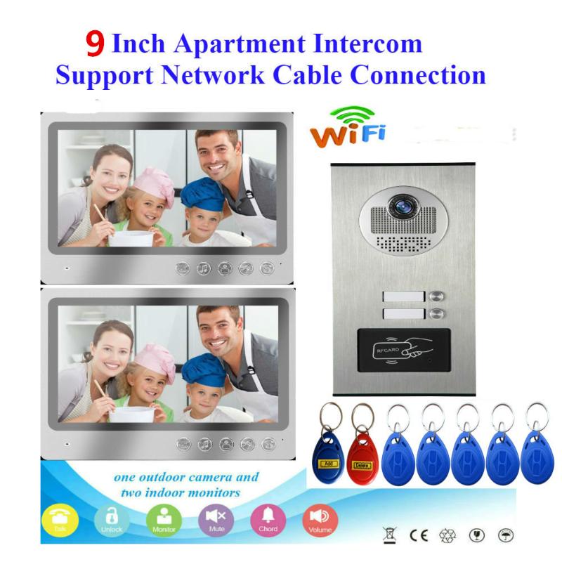 

9 inch Wired Wifi Apartments Video Door Phone Intercom System RFID IR-CUT HD 1000TVL Camera with 2 Apartment/Family