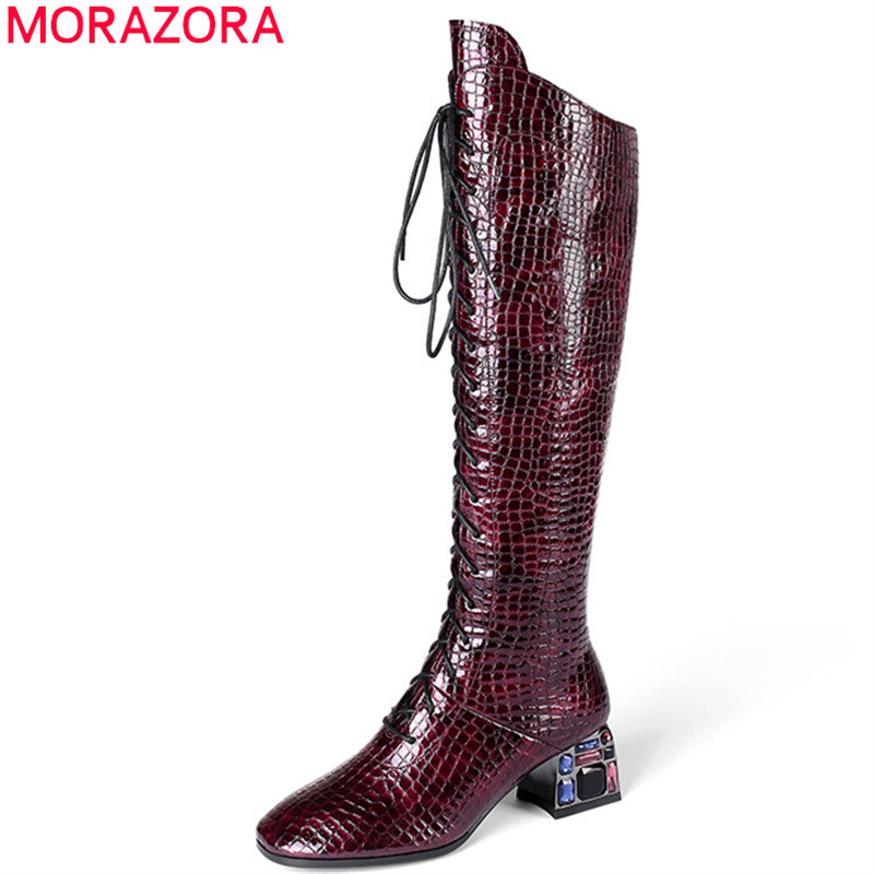 

MORAZORA 2020 new arrive women knee high boots top quality autumn winter boots lace up zip crystal heel dress party shoes woman, Black