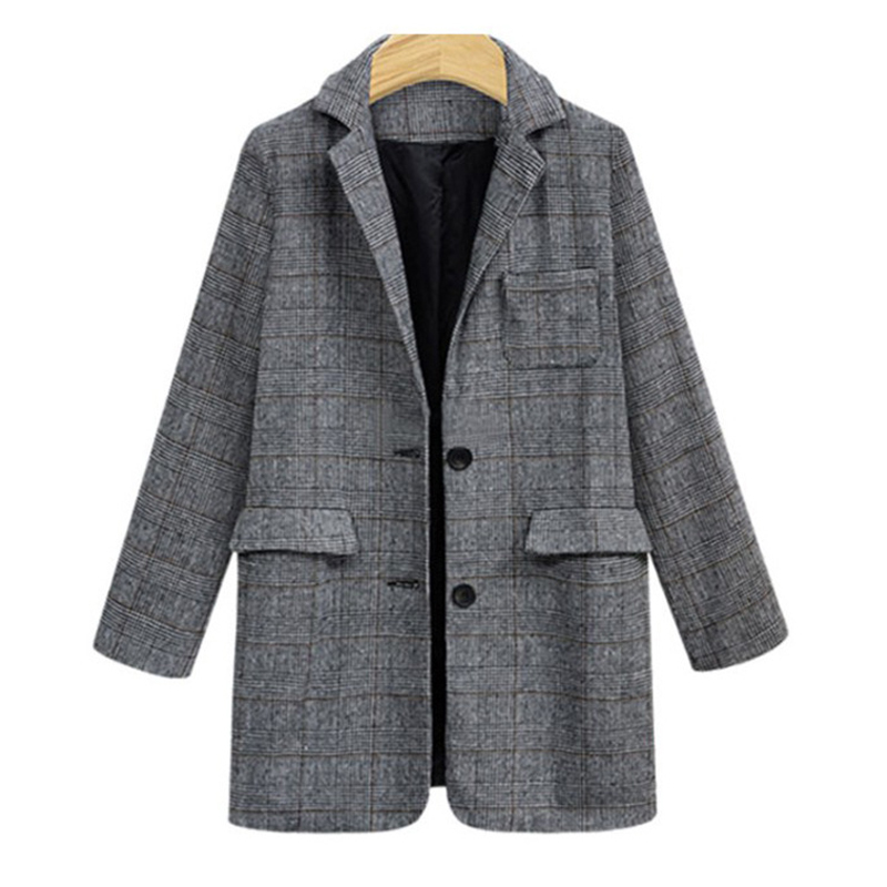 

Women Long Sleeve Jacket elegant office ladies Coat Plaid Blazer Vintage Loose Women Blazer Pockets Jackets Female Casual Coats, Gray