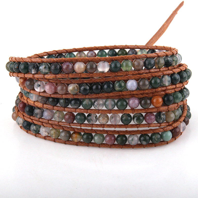 

MOODPC Fashion Women Jewelry Brown Leather Bracelet Handmade 5 Strands 4mm Natural Stones Wrap Bracelets DropShippers