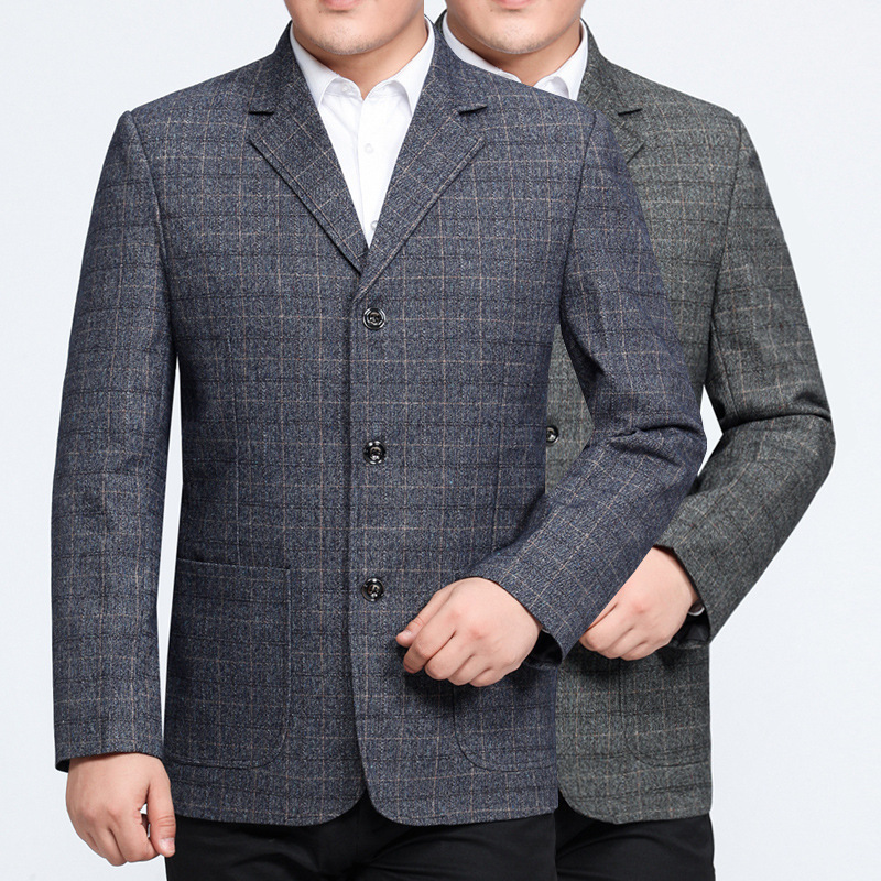 

Autumn & Winter Middle-aged MEN'S Blazer Plaid Suit Middle-aged Large Size Daddy Clothes Coat, Blue and grey