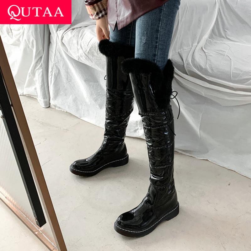 

QUTAA 2021 PU Down Waterproof Snow Boots Square Heel Lace Up Over The Knee Boots Round Toe Winter Women Long Big Size34-43, Black
