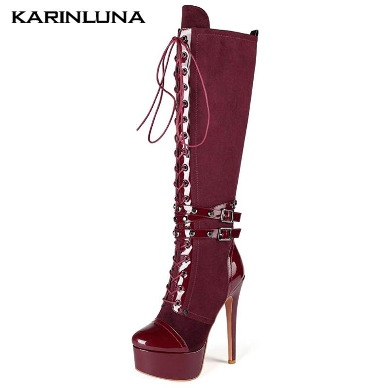 

Dropship On Sale 2020 New Brand women shoes Patchwork Platform Thin High Heels Buckle Straps Cross-tied Over-the-knee Boots, Red