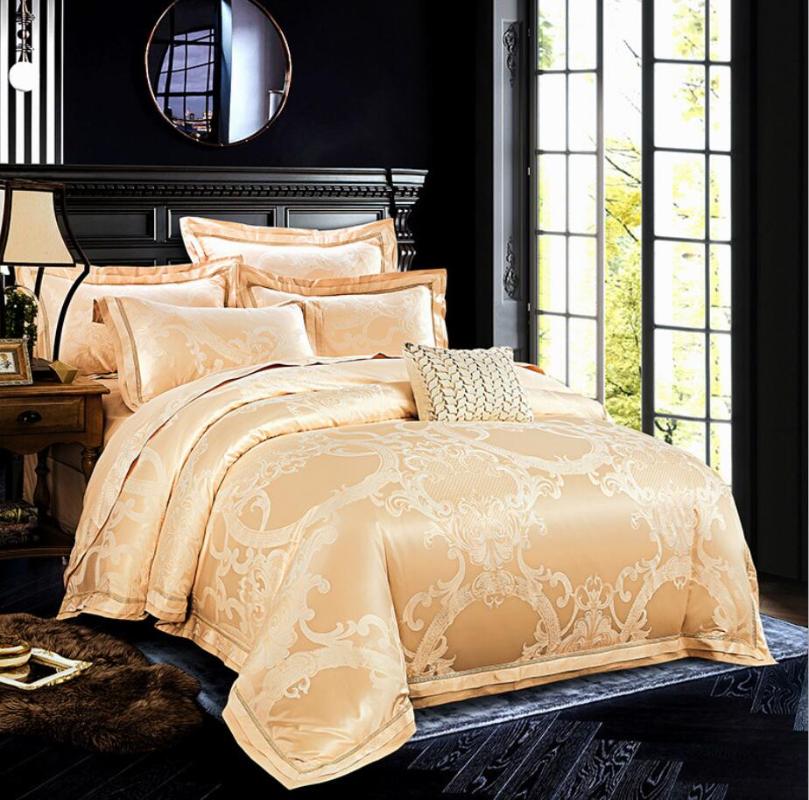 

Bedding Sets Golden Satin Set Queen King Size Royal Noble Bedclothes Bed Cover Wedding Solid Jacquard Duvet Sheet Linens