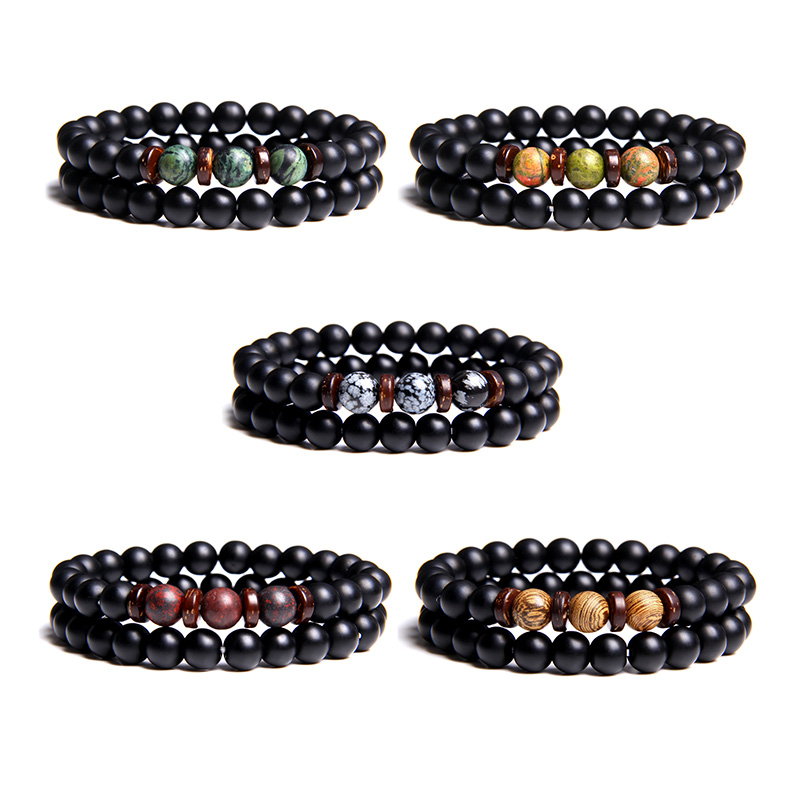 

2pcs/set Natural black white Snowflake green red unakite round stone beads beaded bracelets for men women jewelry gifts homme
