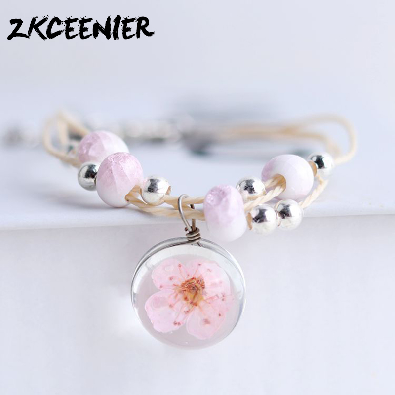

Floral Ceramic Bracelets Dried Flowers Handmade Woven Bangles Female Gypsophila Rope Chain Bracelet Girlfriends Jewelery Gifts