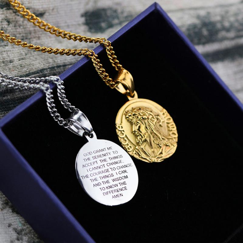 

Stainless Steel Jesus Head Gold Disc Religious Bible Verse God Jesus Vigin Mary Mama Necklace Pendant For Men
