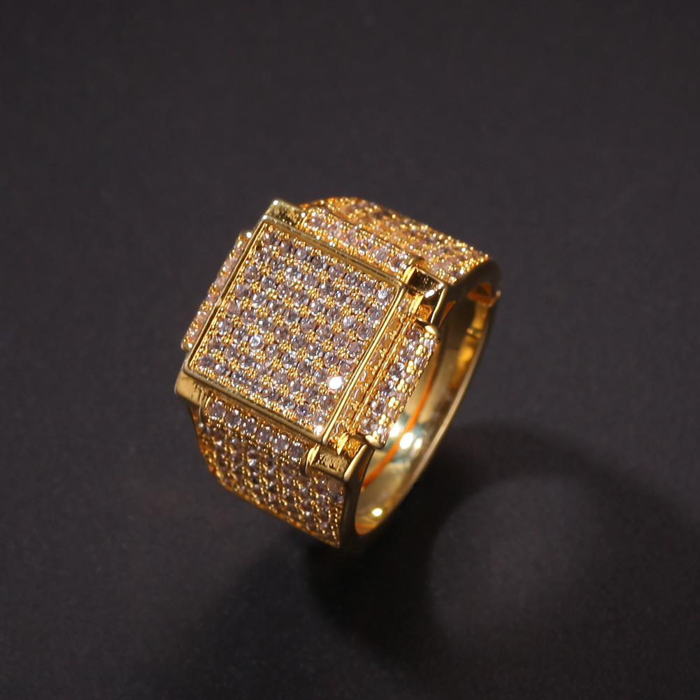 

Hip Hop Fashion Rings Copper Gold Silver Color Iced Out Bling Micro Pave Cubic Zircon Geometry Ring Charms For Men gift