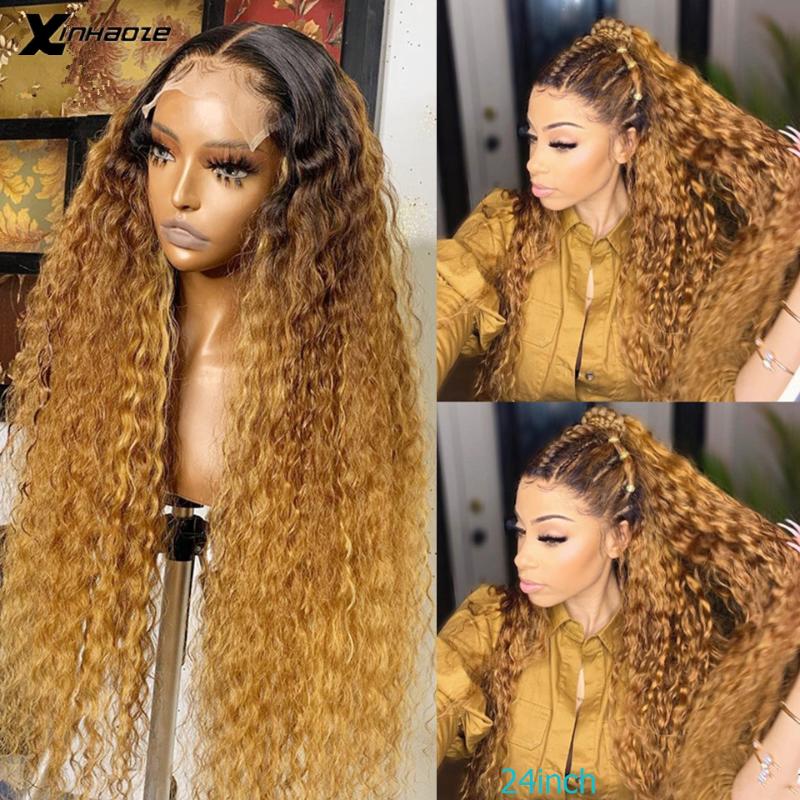 

Brazilian Curly Lace Front Wigs 13x6 Ombre Blonde Long Human Hair lace Wig PrePlucked 1b/27 Ombre Color Remy Hair 150% For Women, 13x4 middle part wig
