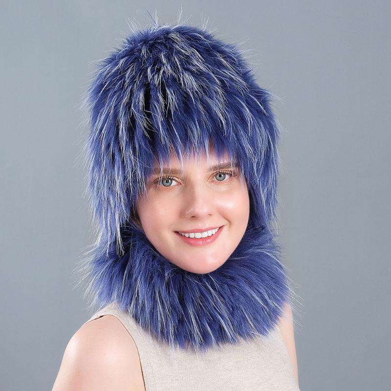 

2020 new high imitation raccoon fur straw hat bib two-piece fur hat suit autumn and winter scarf elastic one drop shipping