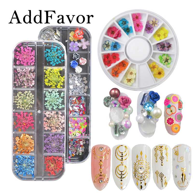 

Addfavor Nail Art Decoration Charms Rhinestone Nails Glitter Sequins Flakes Dried Flower 3D Metal Floral Nail Sticker Manicure