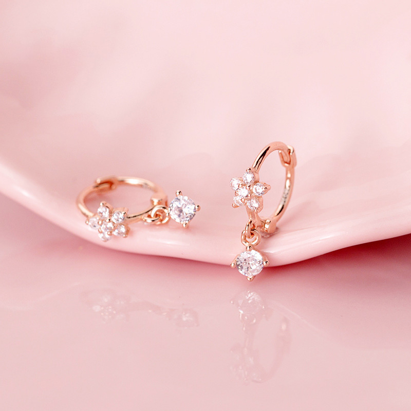 

925 Sterling Silver Hoop Earrings for Women, Floral Earings with Zircon Pendants, Sweet Rose Gold Ear Buckles, Fashion Jewelry