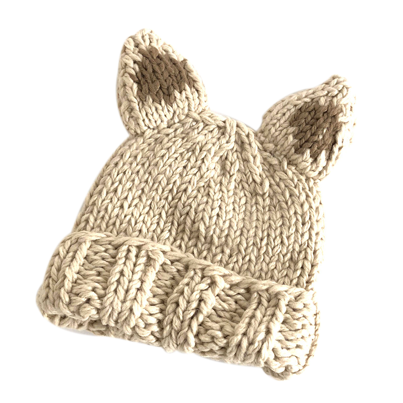 

Women's Autumn and Winter Cute Ear Wool Hat, Simple Warm Knitted Hat, Beige