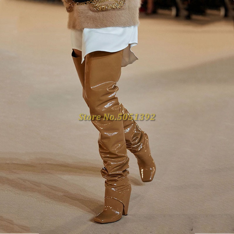 

Boots Square Toe Spike Heel Thigh High Patent Leather Runway Arrivals Pant Fashion Ladies Winter Pleated Long, Beige