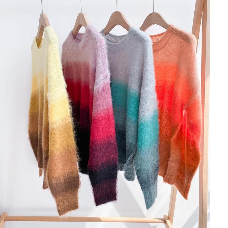 

Rainbow stripes women knit sweater autumn winter new Mohair blend long sleeve o-neck casual sweater, Pink