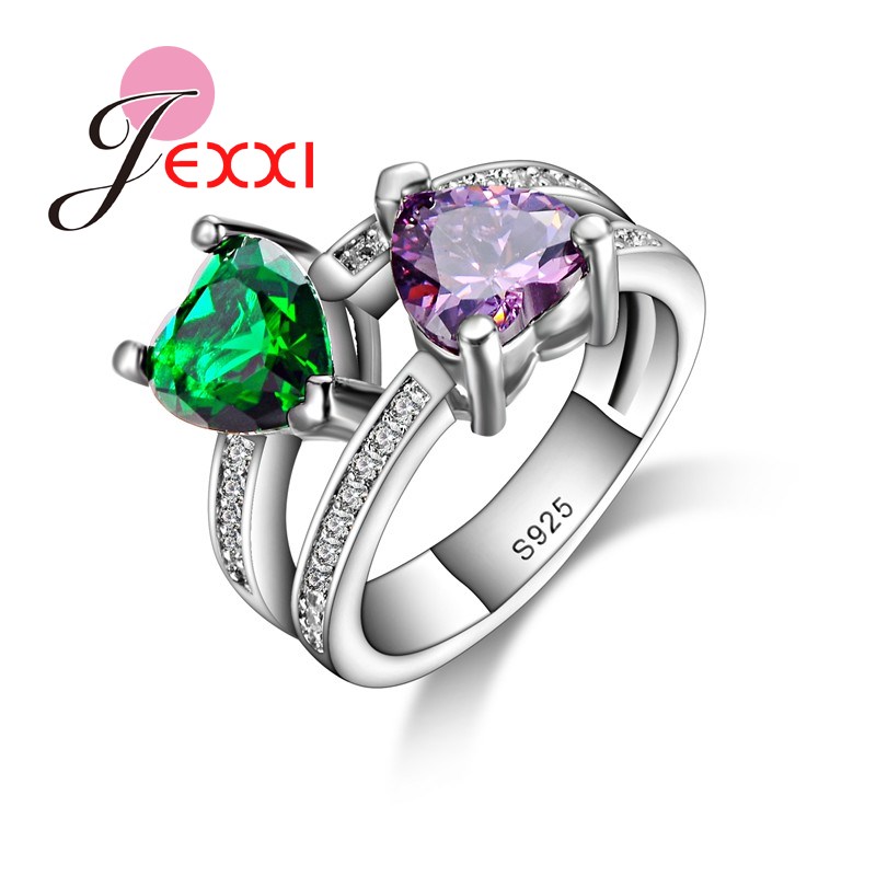 

Creative Design Hollow Romantic Double Hearts Purple Green Crystal Women Wedding Party Rings Fashion 925 Sterling Silver Jewelry