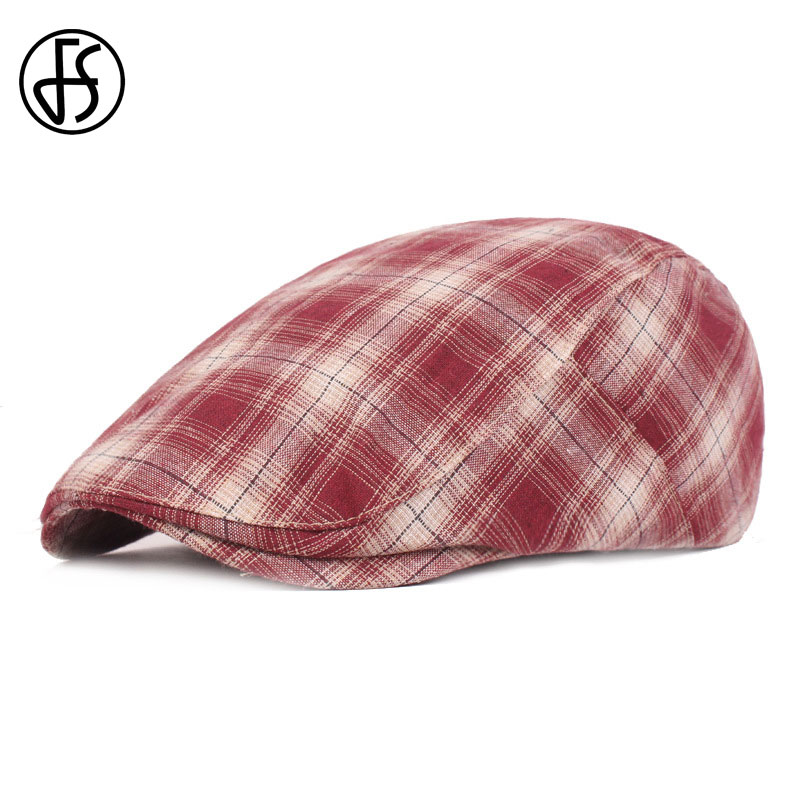 

FS Fashion Plaid Berets Cotton Newsboy Caps Flat Cap For Men Women Chapeau Ivy Gatsby Hat Visors Peaky Blinder Hats Adjustable, Red