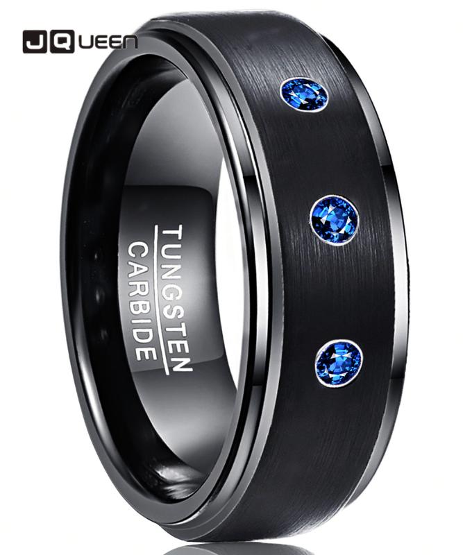 

New Hot Sell Men's Ring Black Tungsten Carbide Ring Wedding Band Tungsten Steel Blue CZ Brushed Finish Comfort Fit Jewelry
