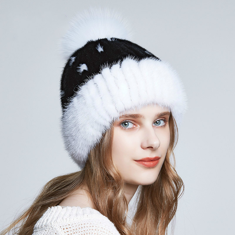 

New mink hat female mink woven fur hat spotted big fur ball cap fashion wild ear cap
