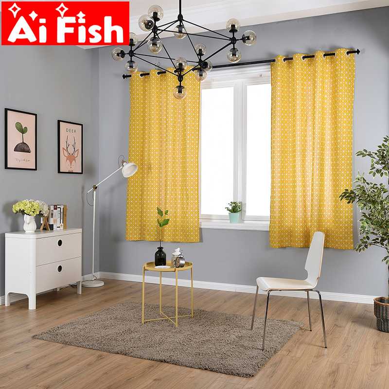 

1 Panel W140 X H215CM Ready Made Curtains for Bedroom Cotton and linen Geometric Yellow Semi-shading living room MY181#3, Yellow cloth