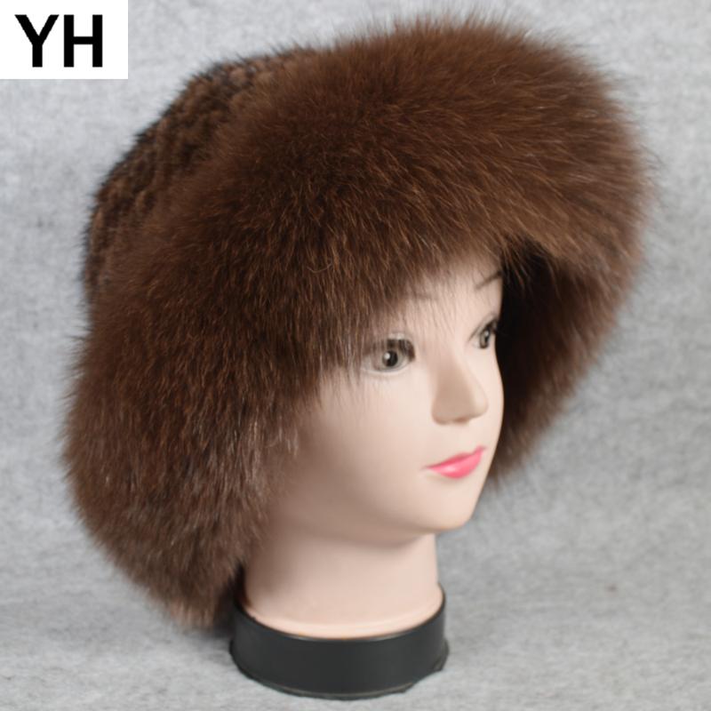 

Hot Sale Girls Winter Luxury Knitted Real Genuine Fur Hats Women Real Caps Beanies Party Hat Skullies, Black