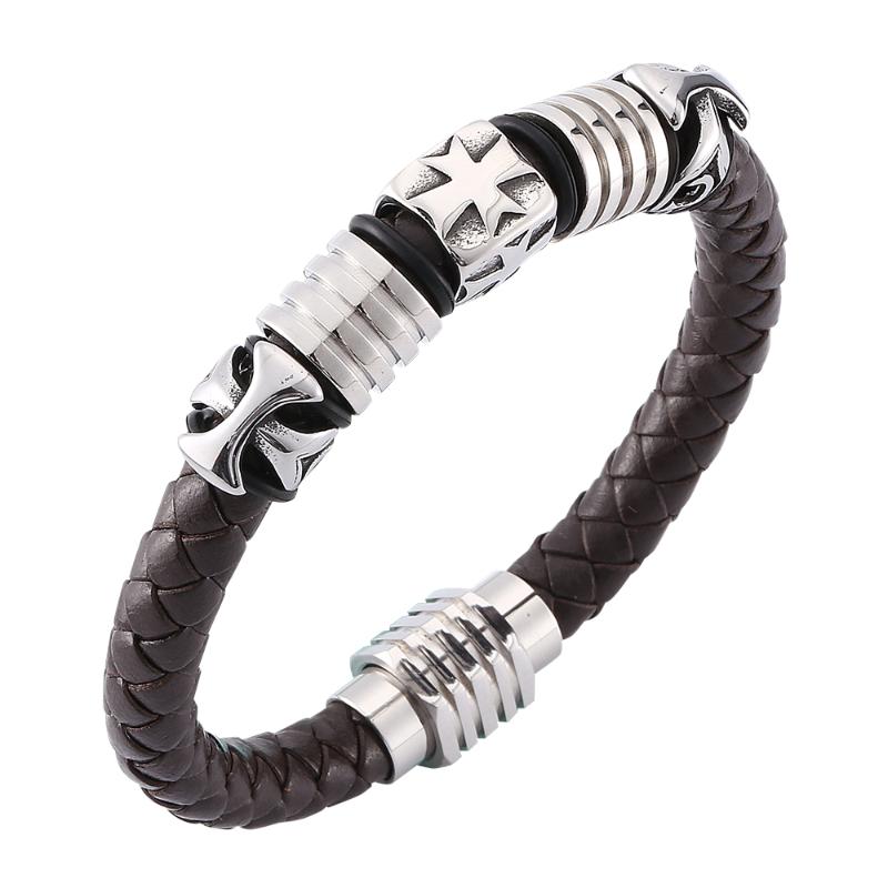 

Vintage Punk Cross Men's Brown Woven Leather Bracelet Stainless Steel Magnetic Buckle Fashion Charm Bracelet 7-SP0138