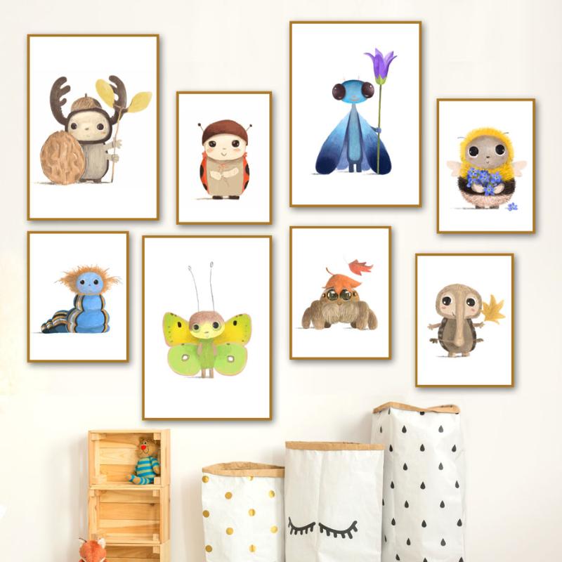 

Cartoon Dragonfly Bee Butterfly Beetle Nordic Posters And Prints Wall Art Canvas Painting Nursery Wall Pictures Kids Room Decor