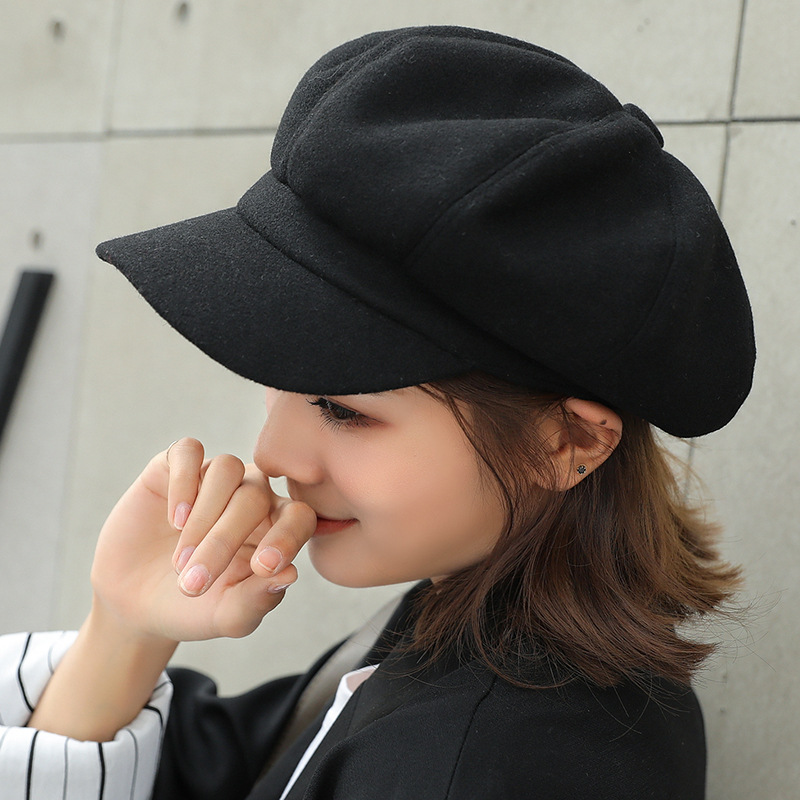 

Pure color woolen octagonal hat female autumn and winter new style peaked cap casual wild male young painter hat