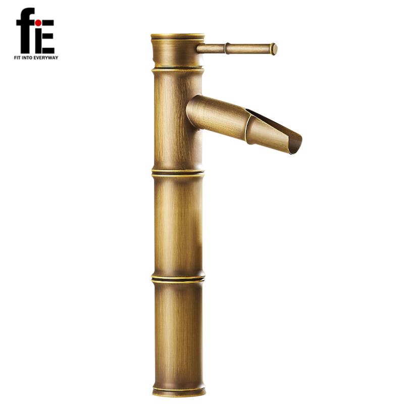 

fiE Antique Brass Waterfall Bathroom Sink Faucet Vessel Tall Bamboo Water Tap Mixer