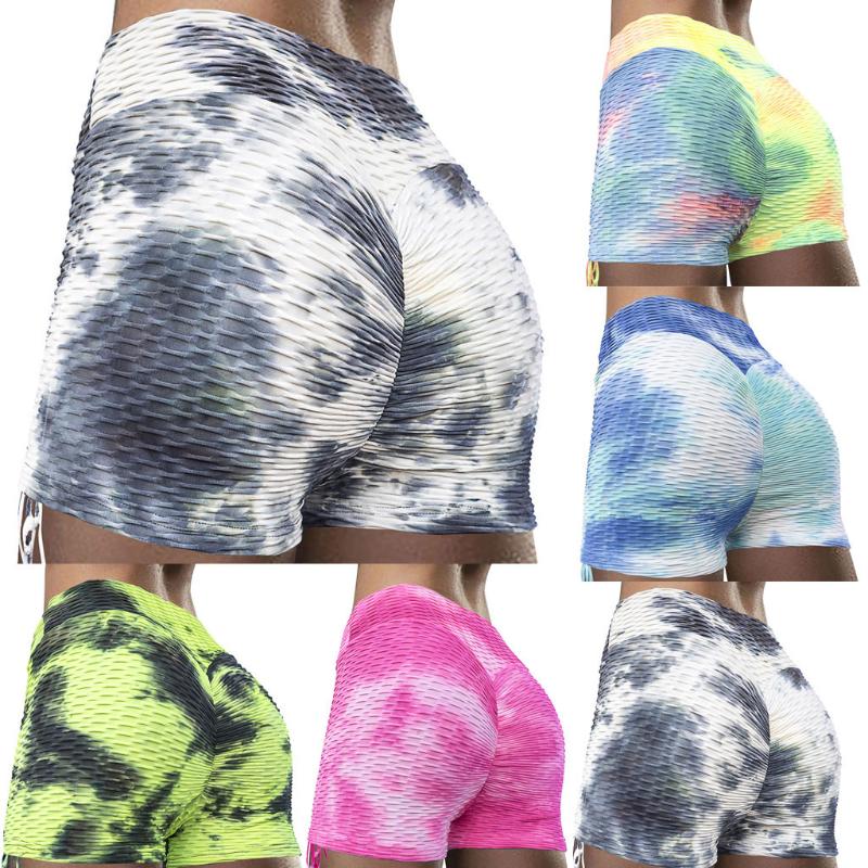 

Women' Hip High Waist Tie-Dye Printing Wrinkles Exercise Running Yoga Shorts Sports Fitness Print Color Thin Skinny Shorts, Blue