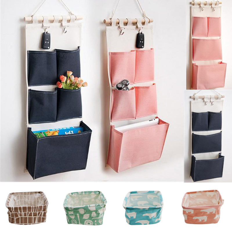 

Storage Boxes & Bins Canvas Printing Cotton Linen Hanging Bag 5 Pockets Wall Mounted Wardrobe Hang Pouch Cosmetic Toys Organizer, 972527