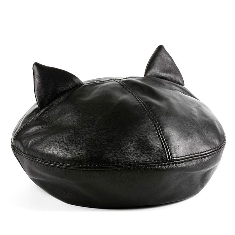 

Autumn Winter Berets Cat Ears Painter Cap Beret Fashion Real Leather Hats For Women French Hat Solid Color Pumpkin Caps, Black